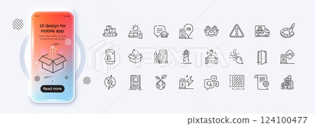 Charging station, Buildings and Brush line icons for web app. Phone mockup gradient screen. Pack of Solar panel, Antistatic, Open door pictogram icons. Lighthouse, Warning, Entrance signs. Vector 124100477
