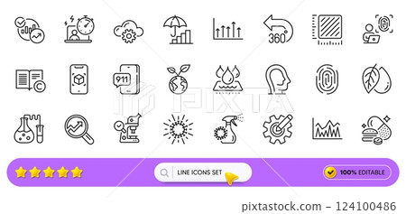 Analytics, Augmented reality and Emergency call line icons for web app. Pack of Psychology, Computer fingerprint, Coronavirus pictogram icons. Statistics, Microscope, Coronavirus spray signs. Vector 124100486