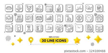 Dishes, Online auction and Full rotation line icons pack. 3d design elements. Award app, Lock, Balloons web icon. Lounger, Wallet, Calendar pictogram. Luggage belt, Calendar tax, Student. Vector 124100488