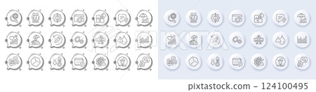 Fake news, Dice and Transform line icons. White pin 3d buttons, chat bubbles icons. Pack of Puzzle, Risk management, Seo gear icon. Gears, Waterproof, Covid virus pictogram. Vector 124100495