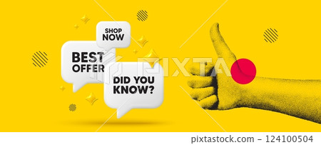 Hand showing thumb up like sign. Did you know tag. Special offer question sign. Interesting facts symbol. Did you know chat box 3d message. Grain dots hand. Like thumb up sign. Best offer. Vector 124100504
