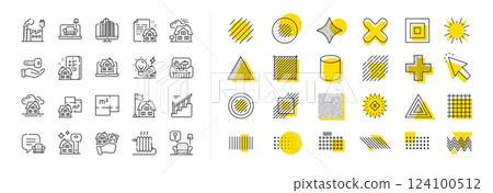 Home floor plan, Apartment furniture and Real estate set. Design shape elements. Buildings property line icons. Factory building, city office and property mortgage line icons. Vector 124100512