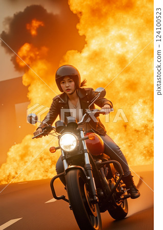 Woman riding motorcycle with explosive background and dramatic flames on city street 124100523