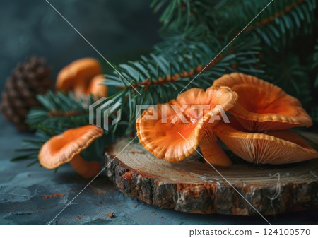 A close-up of vibrant orange mushrooms nestled in pine needles against a dark backdrop, highlighting nature's intricate details. A close-up of vibrant orange mushrooms nestled in pine needles against a dark backdrop, highlighting nature's intricate details. 124100570