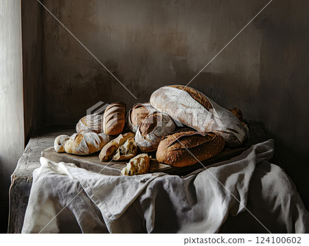 various kinds of artisan bread on rustic table 124100602