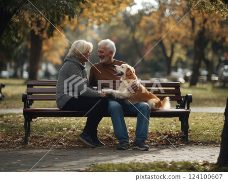 couple of seniors with dog on bench in park 124100607