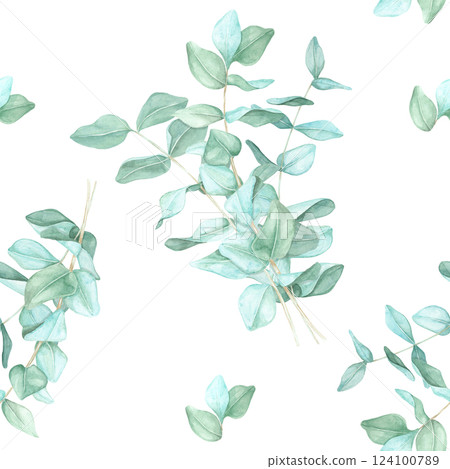Single eucalyptus branches with light green leaves in a hand drawn watercolor illustration. This seamless pattern clipart works well for stationary products, packaging, and digital backgrounds 124100789