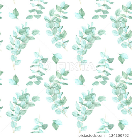 Delicate eucalyptus sprigs with pale green tones arranged in a repeating watercolor pattern clipart. Great for wedding invitations, stationary design, and decorative paper crafts 124100792