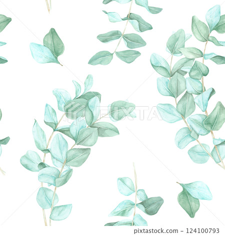 Eucalyptus branches with soft green leaves painted in watercolor. This seamless pattern clipart is ideal for textile design, botanical-themed packaging, and eco-friendly product branding 124100793