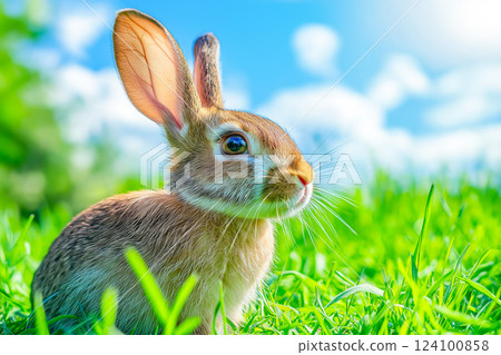Cute rabbit in bright green grass 124100858