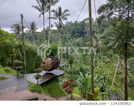 Wicker basket as a swing at Ceking Rice Terrace or Tegalalang Rice Terrace, Ubud, Bali at Indonesia Wicker basket as a swing at Ceking Rice Terrace or Tegalalang Rice Terrace, Ubud, Bali at Indonesia 124100962