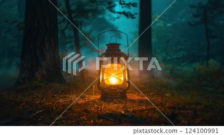Vintage Lantern in a Misty Forest During Twilight Vintage Lantern in a Misty Forest During Twilight 124100991