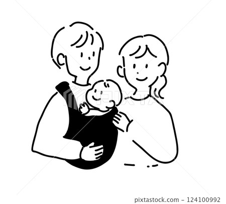 Line drawing illustration of parents holding a baby and their baby 124100992