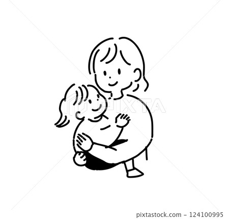 Line drawing illustration of a mother holding a girl Line drawing illustration of a mother holding a girl 124100995