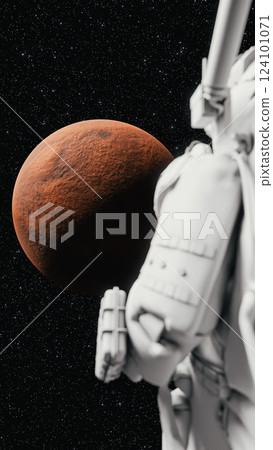 Astronaut observing mars rotating in space: cosmic exploration and discovery. 3d render 124101071