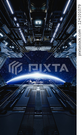 Spaceship approaching earth at night with lights on, vertical image. 3d render 124101079