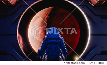 Astronaut observing mars from spaceship window: colonizing mission to red planet. 3d render Astronaut observing mars from spaceship window: colonizing mission to red planet. 3d render 124101081