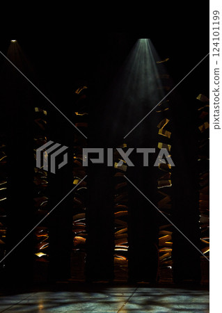 Spotlights illuminate empty stage brown background. 124101199