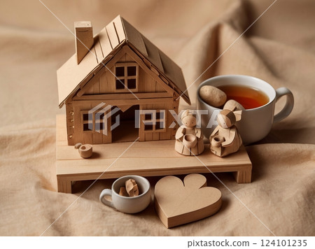 Flat Lay of Wooden Miniature House and Cups 124101235