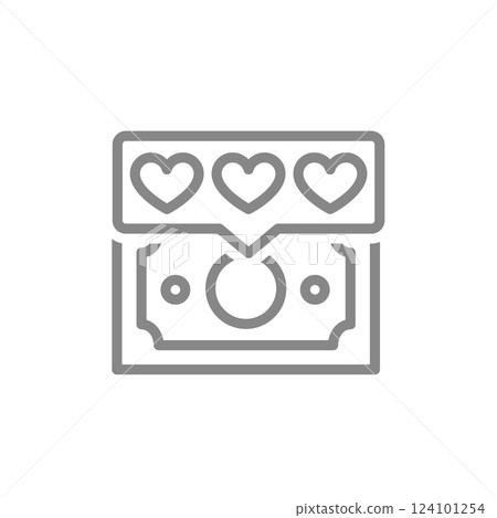 Money with hearts in chat bubble line icon. Client satisfaction, positive feedback, like symbol. Vector illustration. Money with hearts in chat bubble line icon. Client satisfaction, positive feedback, like symbol. Vector illustration. 124101254