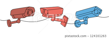 Video cameras one line colored continuous drawing. Home security system. Vector illustration. Video cameras one line colored continuous drawing. Home security system. Vector illustration. 124101263