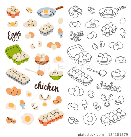 Chicken eggs in vertical banner. Raw and boiled eggs, broken and whole eggshells, protein and yolk, omelette. Vector illustration. Chicken eggs in vertical banner. Raw and boiled eggs, broken and whole eggshells, protein and yolk, omelette. Vector illustration. 124101279