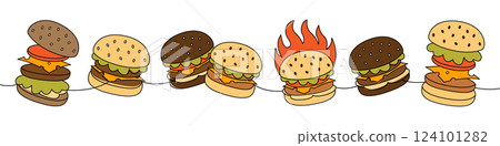 Burger set one line colored continuous drawing. Beef burger, hamburger, veggie burger, cheeseburger. Hand drawn elements for cafe menu, restaurants. Burger set one line colored continuous drawing. Beef burger, hamburger, veggie burger, cheeseburger. Hand drawn elements for cafe menu, restaurants. 124101282