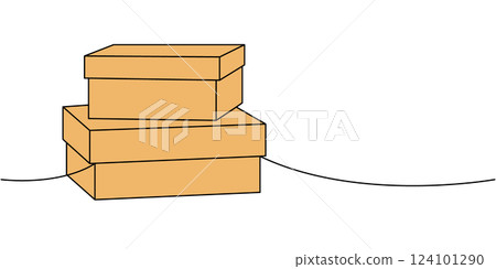 Gift boxes one line colored continuous drawing. Carton delivery packaging boxes. Vector illustration. 124101290