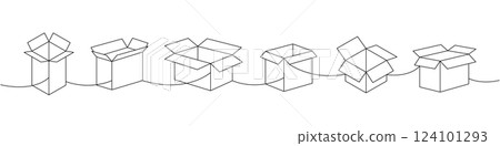 Square boxes one line continuous drawing. Package boxes. Vector illustration. Square boxes one line continuous drawing. Package boxes. Vector illustration. 124101293
