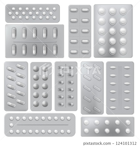 Vector illustration of a set of blisters with different shaped pills and capsules. Vector illustration of a set of blisters with different shaped pills and capsules. 124101312