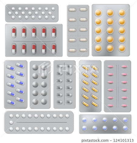 Pills blister packs 3D vector set, realistic metallic medicine package different colors and shapes tablet capsules drugs 124101313