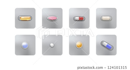 Illustration of a set of tablets and capsules of different shapes in individual packaging. Illustration of a set of tablets and capsules of different shapes in individual packaging. 124101315