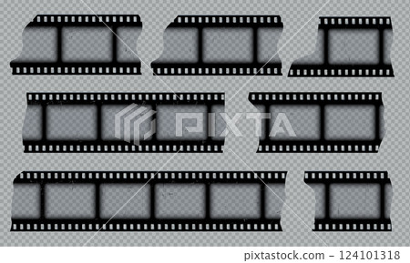 Old photo or film strip torn pieces vector set, vintage cinematic frame transparent scratched video or photography tape Old photo or film strip torn pieces vector set, vintage cinematic frame transparent scratched video or photography tape 124101318