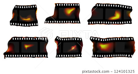 Vintage set of film strips with dented overexposed texture, vector illustration. 124101325