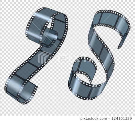 Vector set of illustrations with twisted film strips, isolated transparent background. 124101329