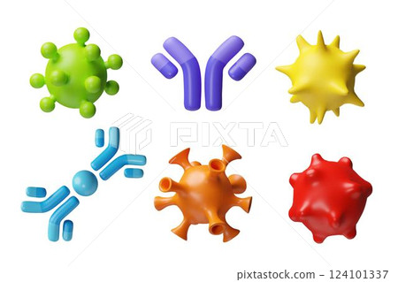 3D Vector set of different shapes and colors, round virus cells and immunoglobulin molecules. 124101337