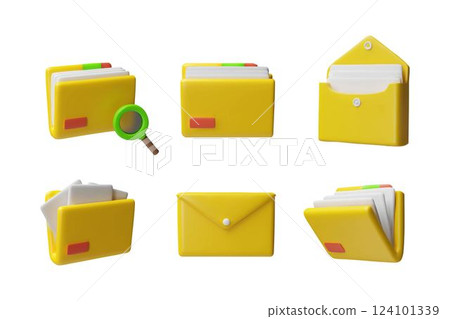 Folder with documents 3D cartoon vector icons set, file management, magnifying glass, envelope, data files interface 124101339