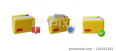 3D vector set of yellow document folders with shield, exclamation mark and check mark icons. 124101342