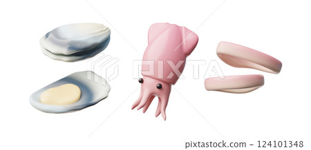 3d vector seafood set, mussel or oyster, squid and squid rings. Ingredients. 124101348