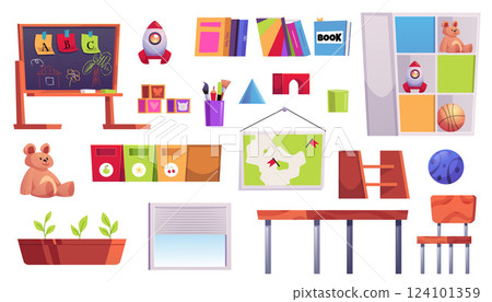 Vector illustration of a set of furniture and toys in a kindergarten room. 124101359