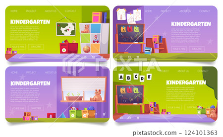 Set of kindergarten website page mockups with toys, chalkboard, books and furniture. 124101363