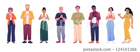 Illustration of happy characters, men and women, clapping hands and giving thumbs up. Illustration of happy characters, men and women, clapping hands and giving thumbs up. 124101366