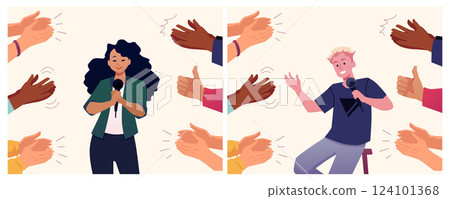 Hands clapping, thumbs up ovation to woman, man performance vector illustrations set, multinational audience applauding Hands clapping, thumbs up ovation to woman, man performance vector illustrations set, multinational audience applauding 124101368