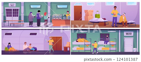 Volunteers help to victims in shelter, serving food, distribute clothes for homeless people, vector temporary residence Volunteers help to victims in shelter, serving food, distribute clothes for homeless people, vector temporary residence 124101387