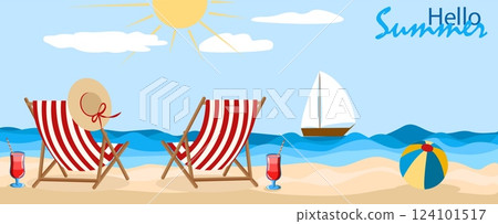 Relaxing summer beach with deck chairs, refreshments, and a sailboat under a bright sun Relaxing summer beach with deck chairs, refreshments, and a sailboat under a bright sun 124101517