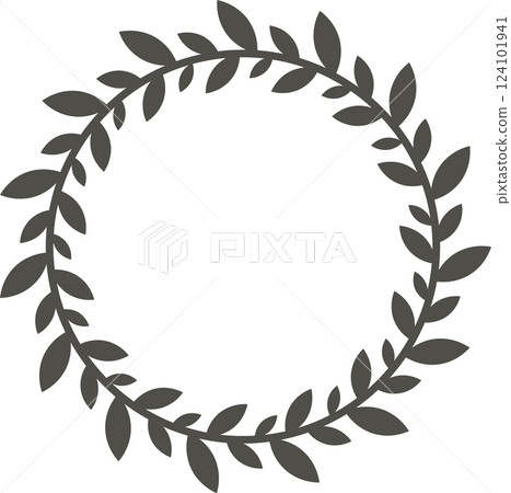 Circular laurel wreath featuring small dark leaves, creating a minimalistic frame perfect for elegant and simple designs. Ideal for various decorative applications and celebrations 124101941