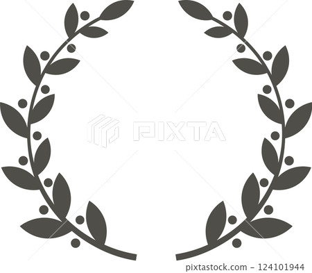 Minimalist dark gray laurel wreath forming a circular frame with ample copy space, perfect for showcasing awards, logos, or elegant decorative elements celebrating achievement and success 124101944