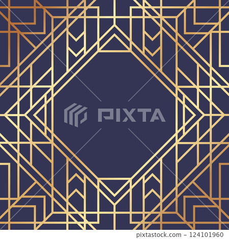 Seamless geometric pattern forming an octagonal frame with gold lines on a dark blue background, creating a luxurious and elegant art deco design Seamless geometric pattern forming an octagonal frame with gold lines on a dark blue background, creating a luxurious and elegant art deco design 124101960