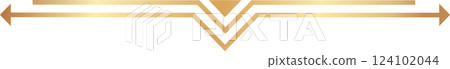 Two golden arrows pointing in opposite directions with a central geometric decoration composed of triangles forming a V shape, isolated on a white background Two golden arrows pointing in opposite directions with a central geometric decoration composed of triangles forming a V shape, isolated on a white background 124102044