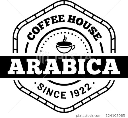 Vintage logo promoting an arabica coffee house features a steaming cup of coffee nestled within a hexagonal frame, celebrating quality and tradition since 1922 Vintage logo promoting an arabica coffee house features a steaming cup of coffee nestled within a hexagonal frame, celebrating quality and tradition since 1922 124102065